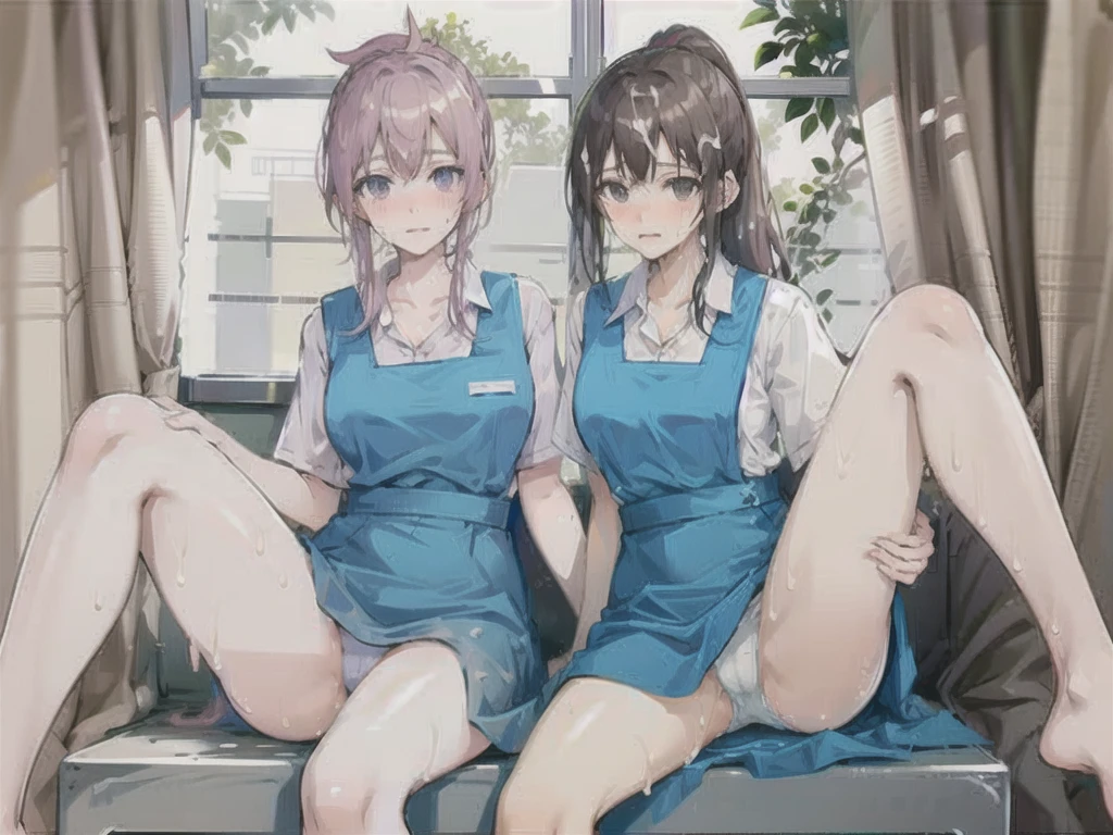 Cute Girls, Lifting the apron, Spread your legs and show your panties, Purple panties, Show off smooth armpits, Sweaty body, ponytail, Brown Hair, Embarrassed look, light Purple panties, Detailed panties, In front of the classroom, Semen-covered body, Wet body, Cover your face , Unbuttoned shirt, Small cleavage