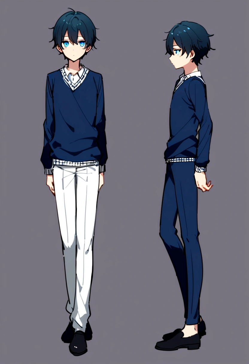 A young man with wavy short navy hair and blue eyes. He has a pretty and delicate appearance. He is standing like in a visual novel, wearing a school sweater. Full body in view, His body type is slender and twink-like. The background is solid