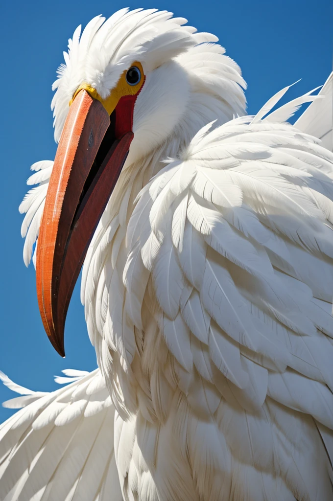 Giant white creature with feathers and a beak, 3 meters tall and with a terrifying face, small eyes, lots of feathers and a long beak.