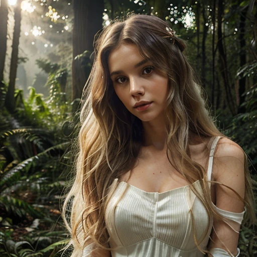 Beautiful slim white woman, long wavy asymmetrical hair with antique angel look, amidst overgrown ruins and nature deep in a forest, evening lights