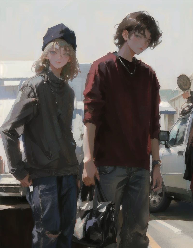 two agers standing next to each other, mid 90s, igla movie shot, road trip, movie scene, cinestill!!