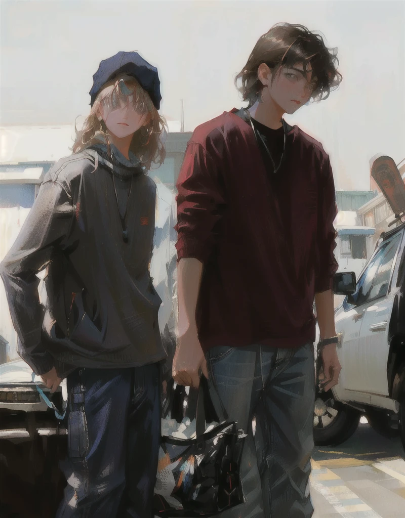 two teenagers standing next to each other, mid 90s, igla movie shot, road trip, movie scene, cinestill!!