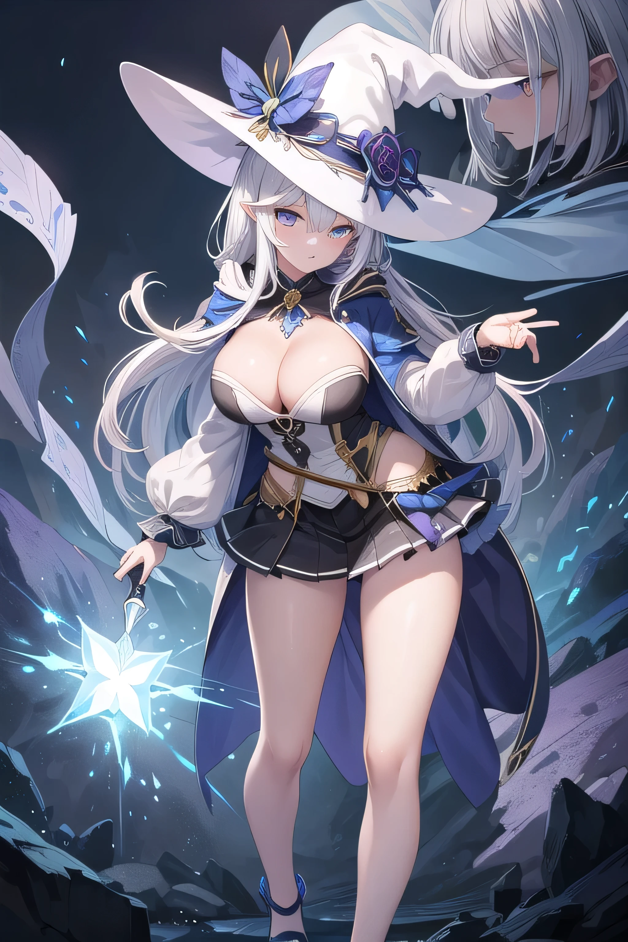 最high quality、high quality、best image quality、8K、最High resolution、High resolution、最high quality、masterpiece、whole body photos、 skin in every detail、 face in every detail、 eyes in every detail、 lips in every detail、 teeth in every detail、 ears with attention to detail、 hair with detailed details、arms with attention to detail、 hands with attention to detail、 fingers with attention to detail、 (fine hands、thumb1reference4)、 legs with attention to detail, feet with attention to detail, 8k, ultra HD, sharp focus, details hair, beautiful hair, details face, beautiful detail eye, details pupil, perfect hand, vibrant colours, soft lighting.
1Witch, long hair, hair accessory, style hair, white hair, radiant blue sea eyes, glow eyes, massive giant breast, magic clothes jacket, hoodie, short skirt, long stocking, shoes, magic effect, breasts grab
at stages, standing, magic wand, holding magic wand
