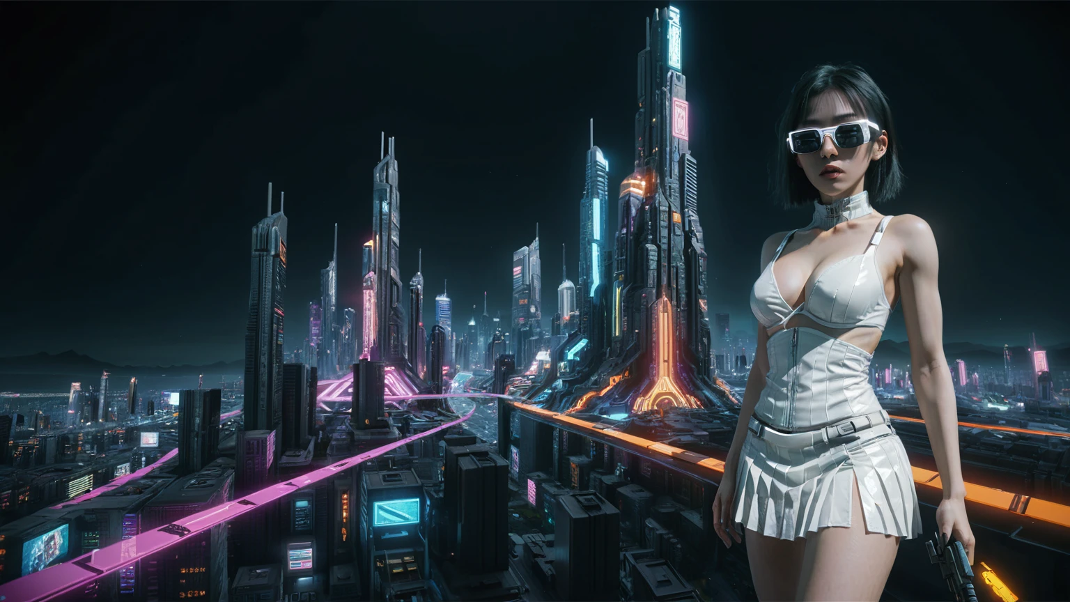 Cyberpunk female plagiarist immersed in digital theft, neon-lit alias within a vast online labyrinth, grotesque grunge brushing into surrealism, illuminated by kaleidoscopic volumetric light, a detailed masterpiece reminiscent of Moebius' distinctive style, deep focus, heightened depth field, psychedelic undertones amplified in a cinematic shot, (((((aerial view of cyberpunk city at night))))), (((((1girl, solo, alone))))), photo realistic, (((((large-breast:1.4 slim body, cleavage:1.4))))), (((off broken mini sling-shirt and black sling bra, (((extreamly short white pleated miniskirt, micro panty)))))), (((((running pose))))), (((((((matrix style black micro sunglasses))))))), ((((((((((aiming with a short gun)))))))))), (((((looking at camera))))), (((very low view))), (((((half-body thigh level medium shot))))), (((cinematic lighting))).
