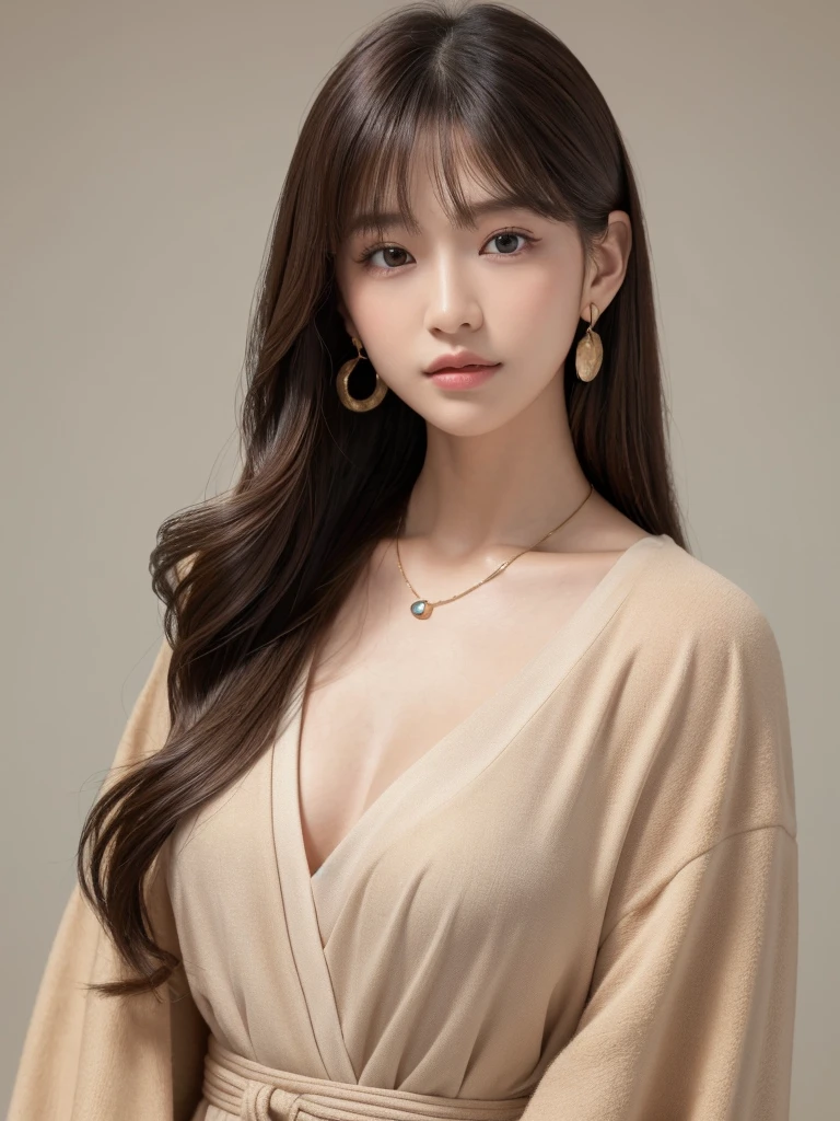 ((Highest quality, 8K, masterpiece:1.3)), concentrate: 1.2, Perfect body beauty: 1.4, Hips: 1.2, ((Long Hair, chest: 1.2)), (Dry clothes: 1.1) , (clear, Simple Background:1.3), Simple clothes: 1.1, Highly detailed face and skin texture,Delicate eyes, double eyelid, Whitened skin, Rough skin、Long Hair、Earrings with bangs、necklace、 solo、Beige coat、White shirt, (((Beautiful girl with cute Japan)))、 ((Beautiful Japanese girl 20 years old))、 ((Baby Face))、 (((Slender body)))、 Upper Body,Face focus、necklace,Simple Background,From above, Realistic Hair、 A photograph was taken:Canon EOS R6、135mm、1/1250 seconds、f2.8、ISO400、(Detailed explanation of the hand)、(Masseter muscle area)、(Exquisite CG)、Long Hair, loose and curly hair、Korean Hair、Long Hair明るいベージュ色、グラデーションハイライトグレージュのゆるふわLong Hairスタイル、
