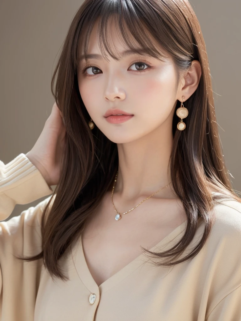 ((Highest quality, 8K, masterpiece:1.3)), concentrate: 1.2, Perfect body beauty: 1.4, Hips: 1.2, ((Long Hair, chest: 1.2)), (Dry clothes: 1.1) , (clear, Simple Background:1.3), Simple clothes: 1.1, Highly detailed face and skin texture,Delicate eyes, double eyelid, Whitened skin, Rough skin、Long Hair、Earrings with bangs、necklace、 solo、Beige coat、White shirt, (((Beautiful girl with cute Japan)))、 ((Beautiful Japanese girl 20 years old))、 ((Baby Face))、 (((Slender body)))、 Upper Body,Face focus、necklace,Simple Background,From above, Realistic Hair、 A photograph was taken:Canon EOS R6、135mm、1/1250 seconds、f2.8、ISO400、(Detailed explanation of the hand)、(Masseter muscle area)、(Exquisite CG)、Long Hair, loose and curly hair、Korean Hair、Long Hair明るいベージュ色、グラデーションハイライトグレージュのゆるふわLong Hairスタイル、