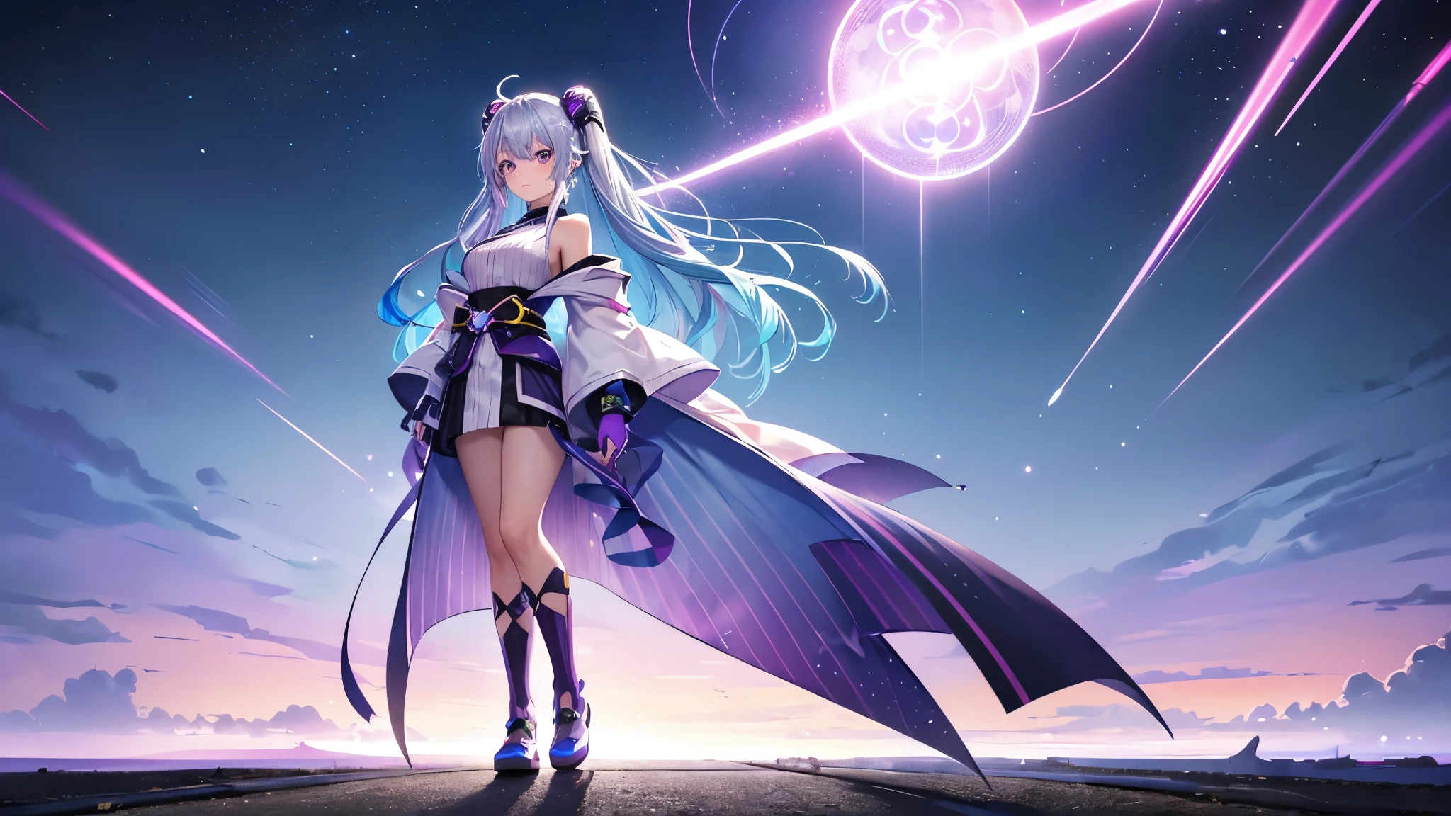 1 Girl, 20-year-old girl, One person, (Silvery blue hair with pink and purple stripes:1.4), (Gradient sky blue hair tip:1.6), hair, Ridiculously long hair, Single Side Lock, Wavy Hair, Shiny Hair, Floating Hair, (Fantastic deep purple eyes), Delicate eyes, Aqua Eye, As tall as a real eye, ((Glowing Eyes)), compensate, Focus on the face, Highly detailed facial, Hot body, Random environment, Random Pause, on the road, Gazing at the starry sky, meteor, Technical clothing masterpiece, Wearing a Japanese kimono, A star with several crosses on the side, Colorful lights swirl around the body., (((Behind his head are multiple super-huge, colorful, super-complicated, glowing magic circles standing upright.))), cyber punk, Full Body Shot, Realism Anime, Chiaroscuro, (Shine光), Shine, Ray Tracing, Cinema Lighting, Futurism, Motion Blur, A perfect transition, God&#39;s Rays, Atmospheric perspective, Highest quality, 超High resolution, Super detailed, masterpiece, High resolution, Accurate, retina, Octane Rendering