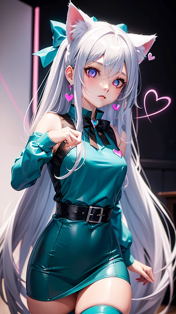 Silver hair, pink eyes, body, cat ears, sexy girl, earrings, heart background fantasy, teal blue uniform, hair bow