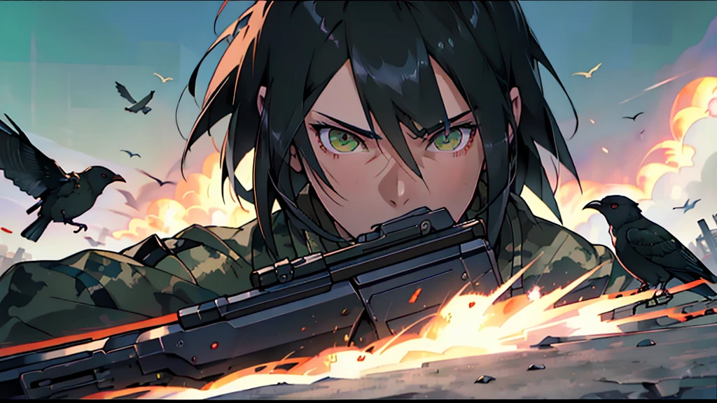 1man, close up, facing viewer, asian, black hair, green eyes, wearing american camo soldier uniform, running, assault rifle, birds, prophets, operations, luna, war torn city, shooting, explosions, absurdres, high res, ultrasharp, 8K, masterpiece, looking at viewer