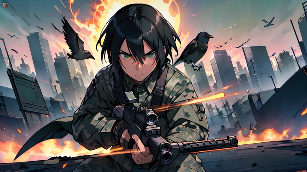 1man, close up, facing viewer, asian, black hair, green eyes, wearing american camo soldier uniform, running, assault rifle, birds, prophets, operations, luna, war torn city, shooting, explosions, absurdres, high res, ultrasharp, 8K, masterpiece, looking at viewer