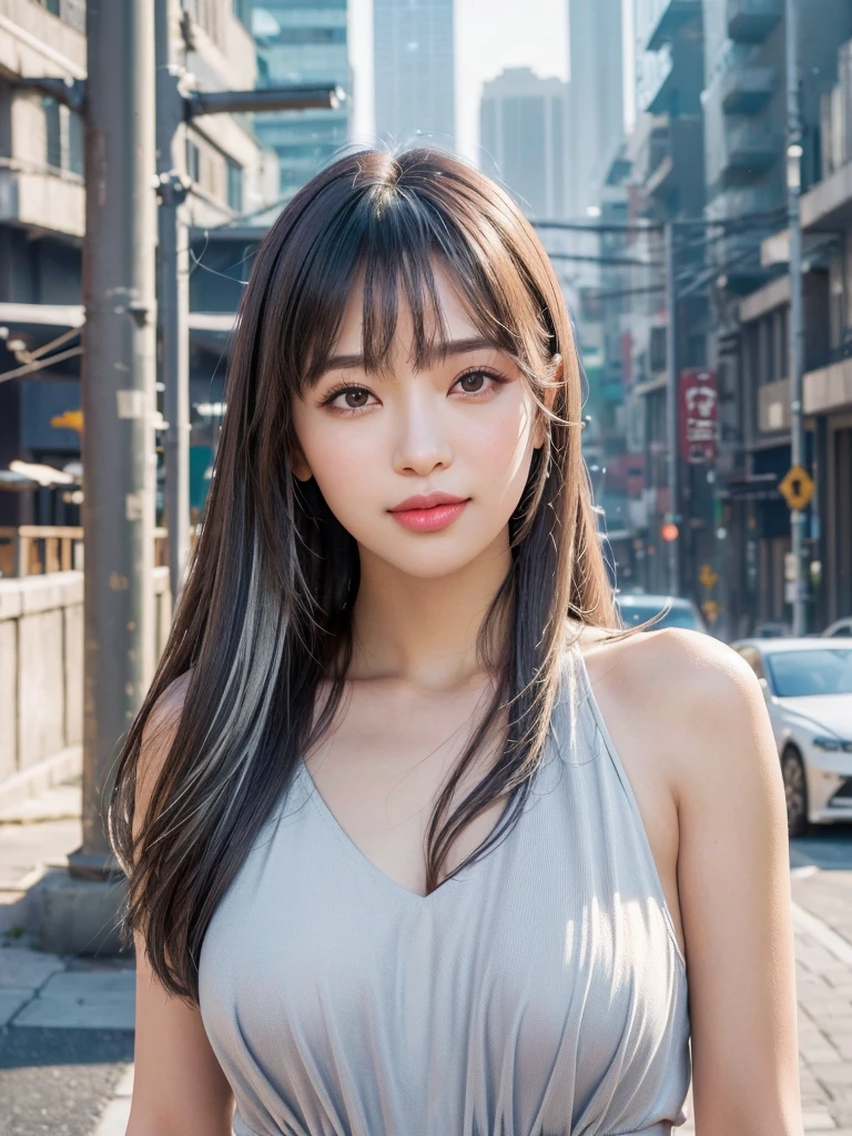 One girl,Beautiful Model , Instagram (photoRealistic, High resolution:1.4), ((Puffy eyes)), View your viewers, , whole body (8K, RAW Photos, Highest quality, masterpiece:1.2), (Realistic, photo-Realistic:1.37),(Sharp focus:1.2), Professional Lighting, Photon Mapping, Radio City, Physically Based Rendering, (Realistic skin:1.2),( ), View your viewers, (Mid-length hair:1.5),, Purple eyes, (Silver Hair:1.1),bangs, ( Urban Background:1.4), alone, Upper Body, Realistic,(masterpiece:1.4),(Highest quality:1.4),(Shiny skin),Fashionable Girl,compensate,smile(skinny,Mouth closed,shy :1.3) , shoulder,Full Color:1.1),Medium Bust,Sexy pose ,