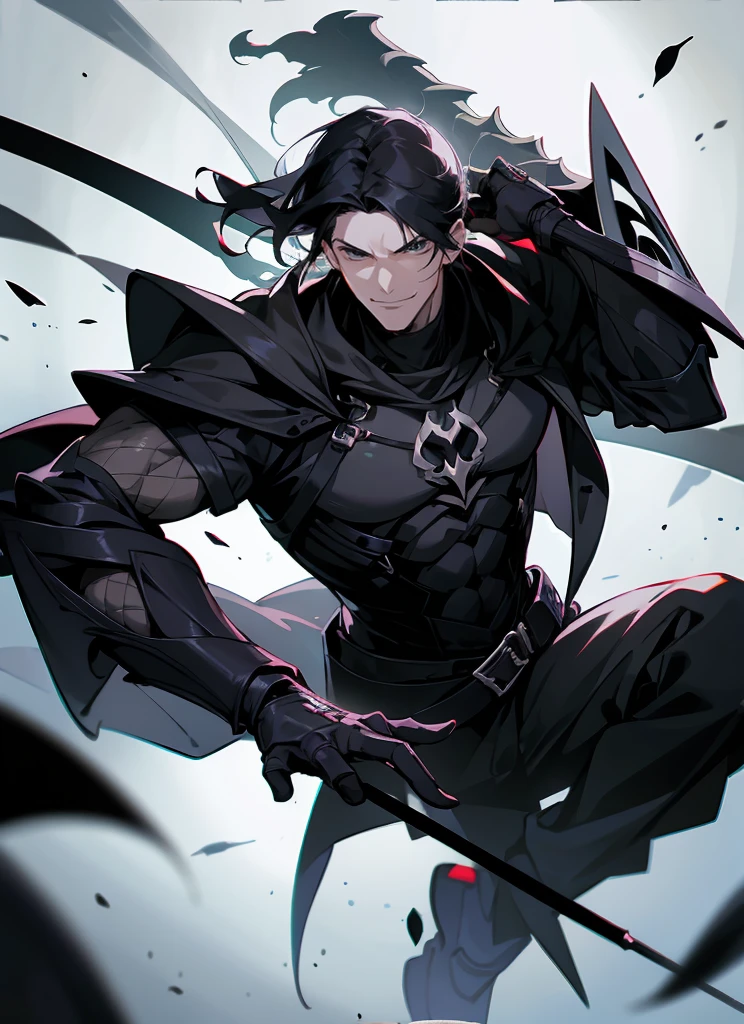1 , handsome fashion hair,black hair highlightwhite, fanstasy, smile face, male ,fantasy, reaper, hunter with blackshortsword, villian face, black armor , darkness wolrd, bad