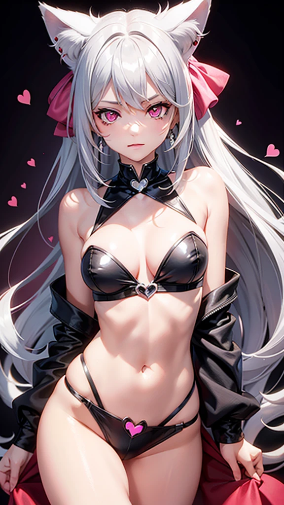 Silver hair, pink eyes, body, cat ears, sexy girl, earrings, heart background fantasy, red uniform, hair bow