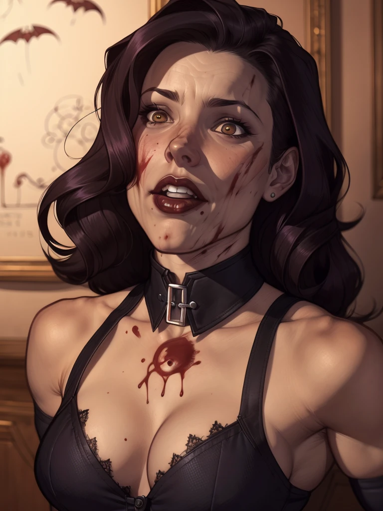 a drawing of a woman with blood on her face and a bloody collar, charlie bowater art style, arte do personagem Charlie Bowater, lois van rossdraws, Ross Draws 1. 0, female vampire, Carmilla Vampira, artgerm e rossdraws, style of charlie bowater, Vampire girl, Ross Draws 2. 0, Retrato de RossDraws, vampire portrait