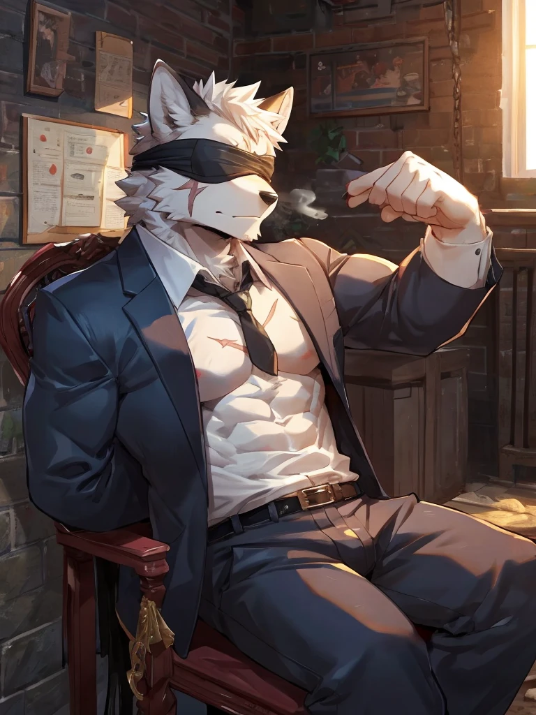 embedding:black wolf, male,Scar on the face, scar on the body,Single person,Suit,His clothes were disheveled.The fur on the chest and abdomen is white.Blindfolded,Tied to a chair,Tie hands behind back.Breathe,Sultry,A dark basement,Idea frame,Maturity,The highest quality of scene detail,adult,Tall and powerful,muscle,Best quality hands, best quality eye,detailed fur,Delicate eyes.Extreme picture quality,by sollyz,by zixiong,by milkytiger1145