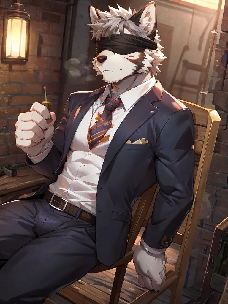 embedding:black wolf, male,Scar on the face, scar on the body,Single person,Suit,His clothes were disheveled.The fur on the chest and abdomen is white.Blindfolded,Tied to a chair,Tie hands behind back.Breathe,Sultry,A dark basement,Idea frame,Maturity,The highest quality of scene detail,adult,Tall and powerful,muscle,Best quality hands, best quality eye,detailed fur,Delicate eyes.Extreme picture quality,by sollyz,by zixiong,by milkytiger1145