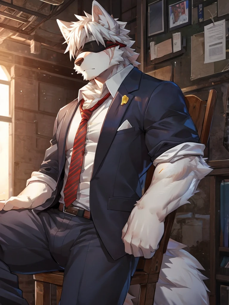 embedding:black wolf, male,Scar on the face, scar on the body,Single person,Suit,His clothes were disheveled.The fur on the chest and abdomen is white.Blindfolded,Tied to a chair,Tie hands behind back.Breathe,Sultry,A dark basement,Idea frame,Maturity,The highest quality of scene detail,adult,Tall and powerful,muscle,Best quality hands, best quality eye,detailed fur,Delicate eyes.Extreme picture quality,by sollyz,by zixiong,by milkytiger1145