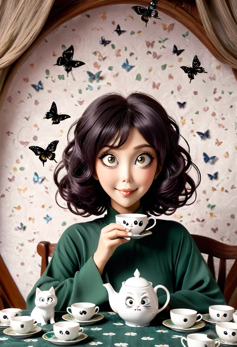 The beautiful Tatsumaki, With her huge eyes she looks amazed and with a big smile while she drinks tea from ceramic cups with ghostly cat shapes while the butterflies flutter around the table and the tablecloth..