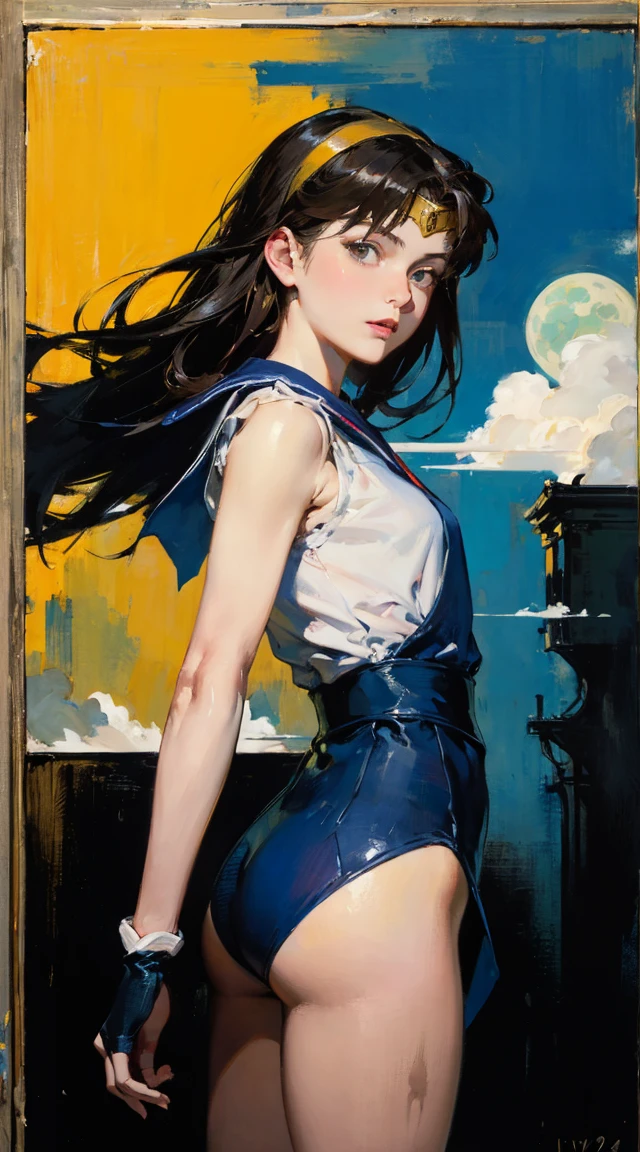 the sailor moon, Sailor Moon style, Beautiful, moon princess, blond-haired princess, portrait of magical girl, (from behind), (masterpiece, best quality:1.2), expressive eyes, perfect face, highres, 1girl, solo, female version of Ryu \(sf\), (female:1.5), black hair, long hair, dougi, fingerless gloves, headband, no pants, standing, cowboy shot, looking at the viewer 8k,Realistic Skin Texture、Superrealism、Realistic Photo、A futuristic Japanese female soldier stands amongst rubble、Damaged moss green metal armor、Skull mark painted on armor、Painting of the unit and identification number、Peeling paint、Oil stains、Energy Rifle、fighting spirit、Detailed Description、Dynamic pose
Realistic portrait of the protagonist of the anime Sailor Moon (Super detailed,ultra high resolution,detailed background),((2D)),((flat color)),((colorful)),((floating colorful water)),1 girl,alone,looking at the viewer,break cwc, (color circle:1.20), multiple girls, 5girls, (oil painting), post-Impressionist, degas style,