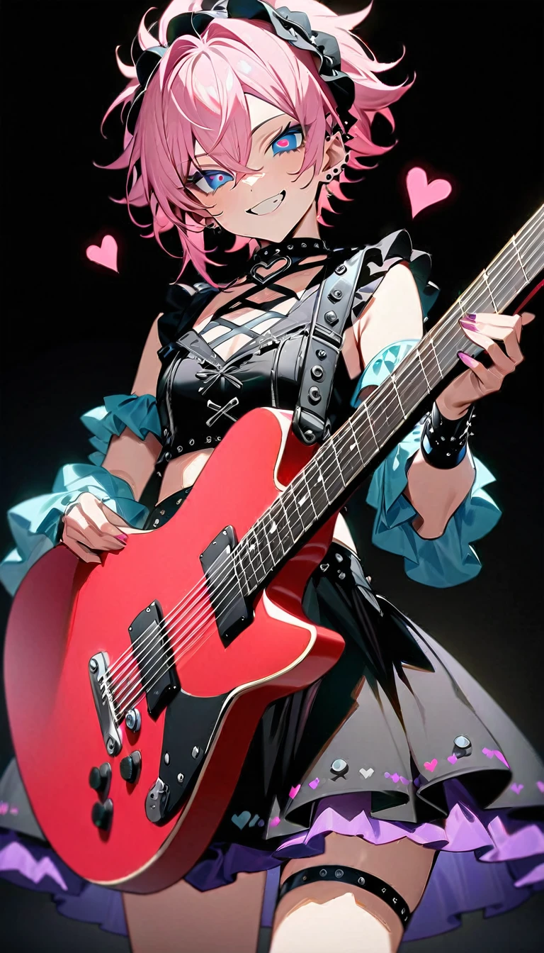(((masterpiece,Highest quality))),(((A beautiful male anime character in drag with short pink hair and blue eyes wearing a punk lolita style visual kei outfit, holding a guitar))),((Standing behind a keyboard and holding a guitar)),(((Looking at me with a teasing smile,Heart mark in the eyes))),(((Black Background))),Focus on the whole body,(high quality),アニメ