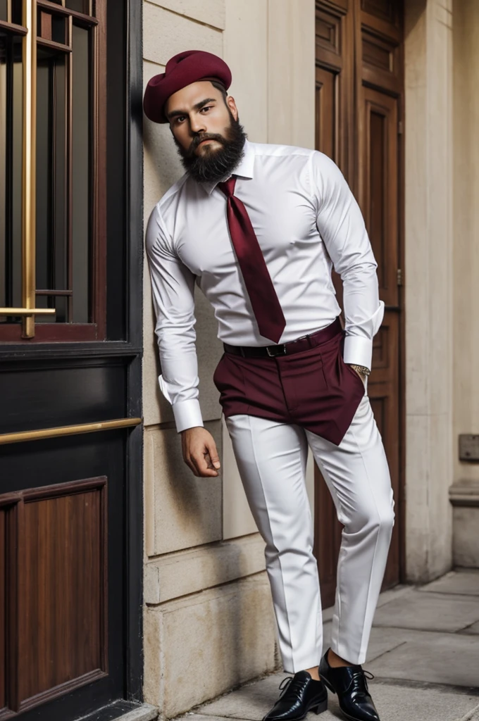 Bearded bear man in tight white shirt, black shoes, black pants and red tie, that has a gold button on the left chest of the shirt, posing standing and having a burgundy beret on his head 
