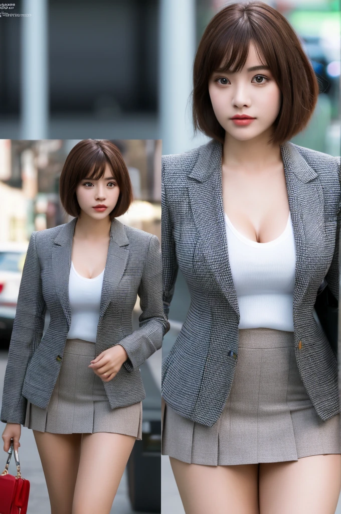 a 19 year old face of the most beautiful actress in the world, the short hair cut of a female is just like male one, the perfect body proportions of a female, blazer is worn on blouse of female upper body with it's large breasts, panties between bare legs are almost seen thanks to skirt is too short, standing, at the office, nsfw, best quality, highly detailed, masterpiece, ultra high res, photo realistic, 8k