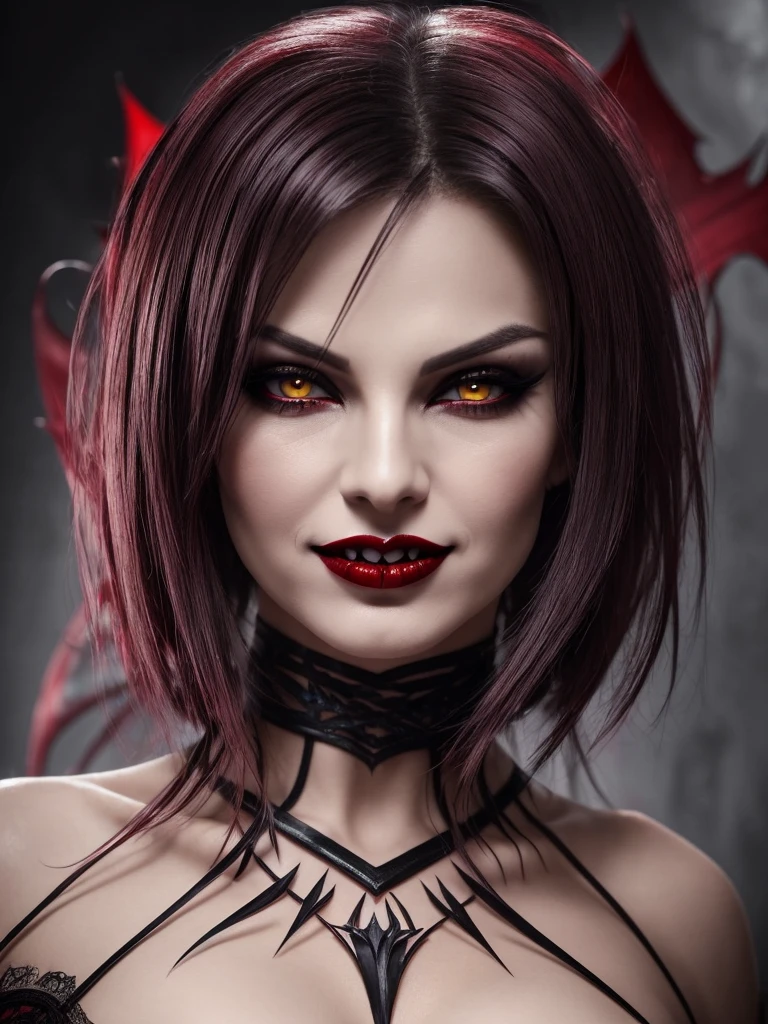 nsfw, Gothic horror, 1 erotic vamp, solo, mature sexy adult, evil MILF, lady from hell, vampire beauty, femme fatale, evil apostle of darkness, peerless beauty, (((((👄, 👅, Sensually Baring Her Fangs, Vampire Bite),(slyly looks), (Cruel grinning slit eyes), (evil roguish smile))))), a Vampire Kiss, masterpiece, perfect anatomy, ideal facial features, ideally proportioned figure, perfectly beautiful body, Has a sharp look in their eyes, makeup, sensual Blonde, Very short, pixie cut, Beautifully detailed eyes, double eyelid, (eyeliner:1.2), mascara, eyeshadow, golden eyes, Beautifully detailed nose and nostrils, Beautifully detailed lips, (lipstick:1.1),(Dark red lips, glossy lips), (Vampire Fangs), tongue, saliva, Focus only on the mouth, Woman mouth close up, from front, glaring at you

