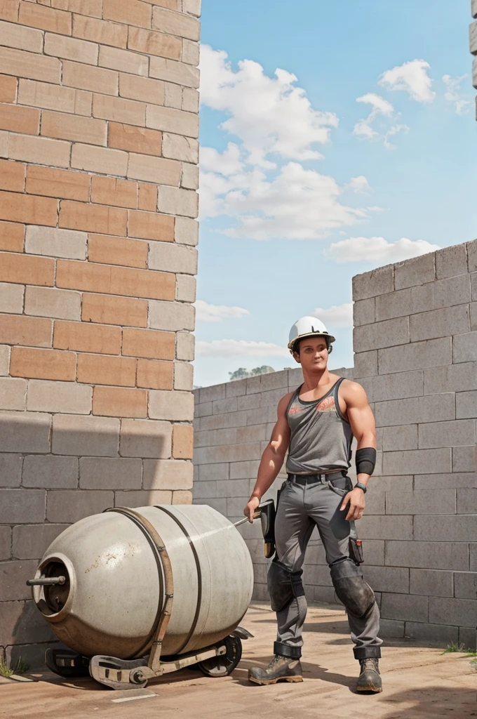 standing next to cement mixer, BrennerBolton Be a construction worker, Wear a gray tank top., dirty work pants, work boots, Rigid hat, Holding lightweight bricks, (((full body image))), Wide angle, lightweight brick wall background, 