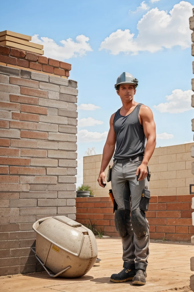 standing next to cement mixer, BrennerBolton Be a construction worker, Wear a gray tank top., dirty work pants, work boots, Rigid hat, Holding lightweight bricks, (((full body image))), Wide angle, lightweight brick wall background, 