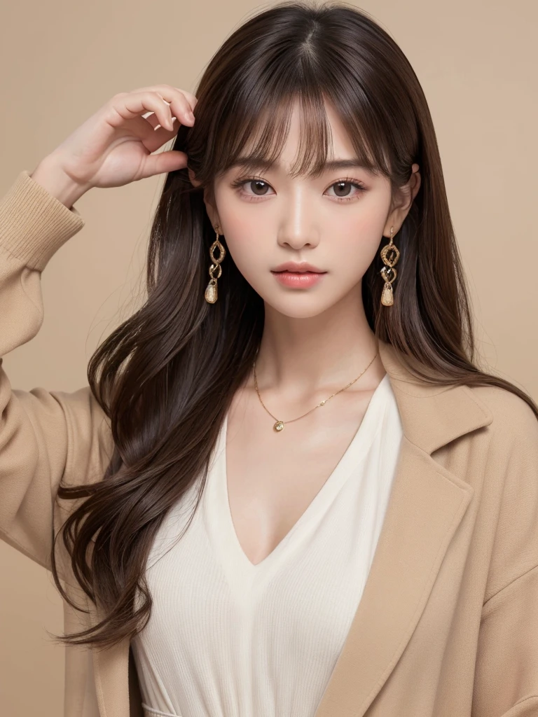 ((Highest quality, 8K, masterpiece:1.3)), concentrate: 1.2, Perfect body beauty: 1.4, Hips: 1.2, ((Long Hair, chest: 1.2)), (Dry clothes: 1.1) , (clear, Simple Background:1.3), Simple clothes: 1.1, Highly detailed face and skin texture,Delicate eyes, double eyelid, Whitened skin, Rough skin、Long Hair、Earrings with bangs、necklace、 solo、Beige coat、White shirt, (((Beautiful girl with cute Japan)))、 ((Beautiful Japanese girl 20 years old))、 ((Baby Face))、 (((Slender body)))、 Upper Body,Face focus、necklace,Simple Background,From above, Realistic Hair、 A photograph was taken:Canon EOS R6、135mm、1/1250 seconds、f2.8、ISO400、(Detailed explanation of the hand)、(Masseter muscle area)、(Exquisite CG)、Long Hair, loose and curly hair、Korean Hair、Long Hair明るいベージュ色、グラデーションハイライトグレージュのゆるふわLong Hairスタイル、