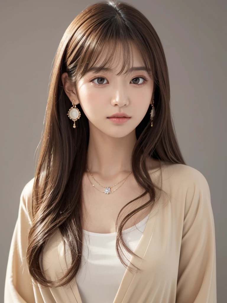 ((Highest quality, 8K, masterpiece:1.3)), concentrate: 1.2, Perfect body beauty: 1.4, Hips: 1.2, ((Long Hair, chest: 1.2)), (Dry clothes: 1.1) , (clear, Simple Background:1.3), Simple clothes: 1.1, Highly detailed face and skin texture,Delicate eyes, double eyelid, Whitened skin, Rough skin、Long Hair、Earrings with bangs、necklace、 solo、Beige coat、White shirt, (((Beautiful girl with cute Japan)))、 ((Beautiful Japanese girl 20 years old))、 ((Baby Face))、 (((Slender body)))、 Upper Body,Face focus、necklace,Simple Background,From above, Realistic Hair、 A photograph was taken:Canon EOS R6、135mm、1/1250 seconds、f2.8、ISO400、(Detailed explanation of the hand)、(Masseter muscle area)、(Exquisite CG)、Long Hair, loose and curly hair、Korean Hair、Long Hair明るいベージュ色、グラデーションハイライトグレージュのゆるふわLong Hairスタイル、