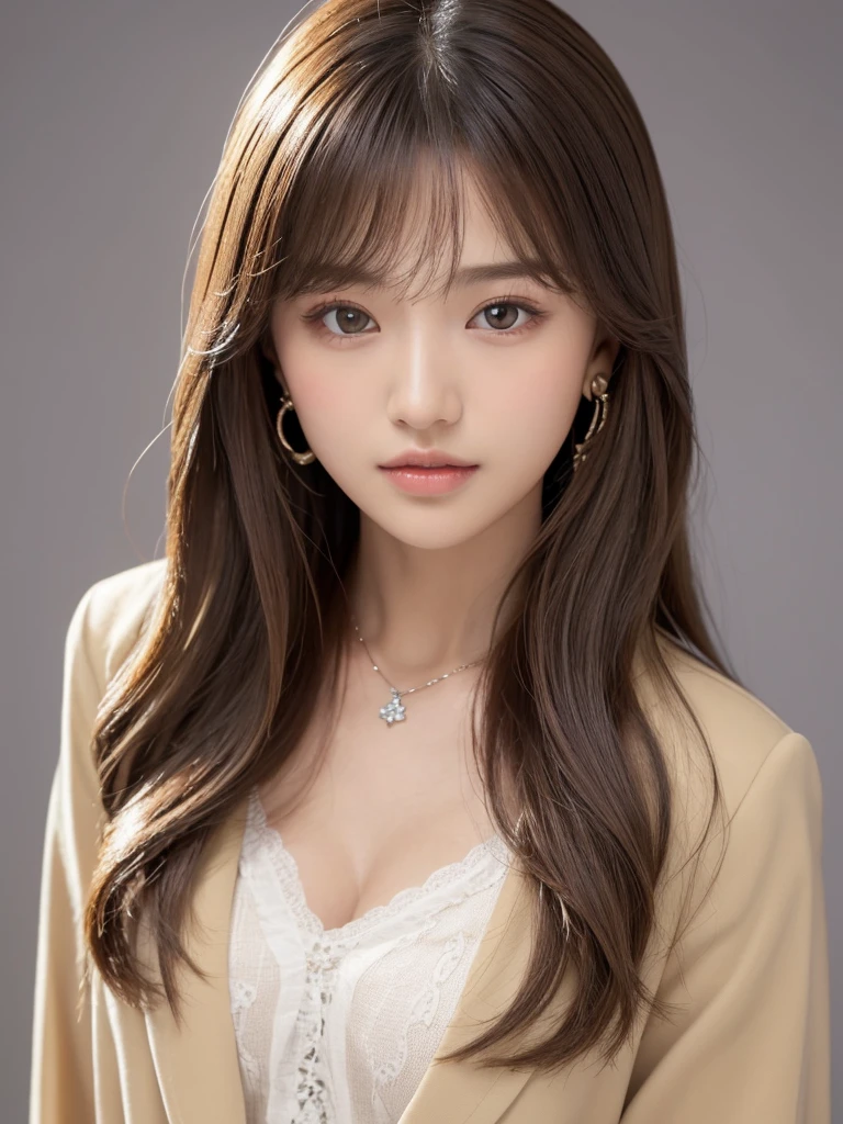  ((Highest quality, 8K, masterpiece:1.3)), concentrate: 1.2, Perfect body beauty: 1.4, Hips: 1.2, ((Long Hair, chest: 1.2)), (Dry clothes: 1.1) , (clear, Simple Background:1.3), Simple clothes: 1.1, Highly detailed face and skin texture,Delicate eyes, double eyelid, Whitened skin, Rough skin、Long Hair、Earrings with bangs、necklace、 solo、Beige coat、White shirt,  (((Beautiful girl with cute Japan)))、  ((Beautiful Japanese girl 20 years old))、 ((Baby Face))、 (((Slender body)))、  Upper Body，Face focus、necklace，Simple Background，From above， Realistic Hair、 A photograph was taken:Canon EOS R6、135mm、1/1250 seconds、f2.8、ISO400、(Detailed explanation of the hand)、(Masseter muscle area)、(Exquisite CG)、Long Hair, loose and curly hair、Korean Hair、Long Hair明るいベージュ色、グラデーションハイライトグレージュのゆるふわLong Hairスタイル、