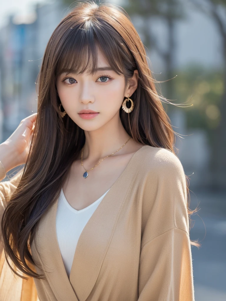 ((Highest quality, 8K, masterpiece:1.3)), concentrate: 1.2, Perfect body beauty: 1.4, Hips: 1.2, ((Long Hair, chest: 1.2)), (Dry clothes: 1.1) , (clear, Simple Background:1.3), Simple clothes: 1.1, Highly detailed face and skin texture,Delicate eyes, double eyelid, Whitened skin, Rough skin、Long Hair、Earrings with bangs、necklace、 solo、Beige coat、White shirt, (((Beautiful girl with cute Japan)))、 ((Beautiful Japanese girl 20 years old))、 (())、 (((Slender body)))、 Upper Body,Face focus、necklace,Simple Background,From above, Realistic Hair、 A photograph was taken:Canon EOS R6、135mm、1/1250 seconds、f2.8、ISO400、(Detailed explanation of the hand)、(Masseter muscle area)、(Exquisite CG)、Long Hair, loose and curly hair、Korean Hair、Long Hair明るいベージュ色、グラデーションハイライトグレージュのゆるふわLong Hairスタイル、