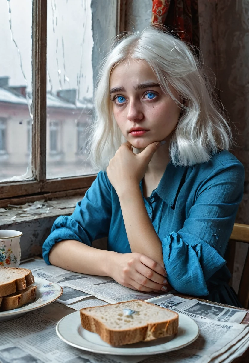a girl with white hair sits at the table, tears in her big blue eyes, a glass with tea of cloudy colour is on the table, a small crust of bread is lying on the table, the window in the background is taped with newspaper tapes cross on cross, war, siege of Leningrad, hunger, siege bread, in the style of Dmitry Buchkin, Anastasia Frolova, Frolova-Bagreeva.