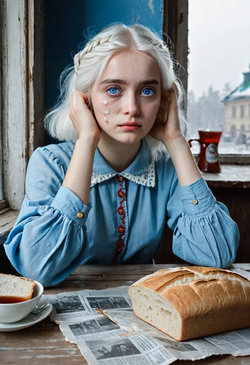 a girl with white hair sits at the table, tears in her big blue eyes, a glass with tea of cloudy colour is on the table, a small crust of bread is lying on the table, the window in the background is taped with newspaper tapes cross on cross, war, siege of Leningrad, hunger, siege bread, in the style of Dmitry Buchkin, Anastasia Frolova, Frolova-Bagreeva.