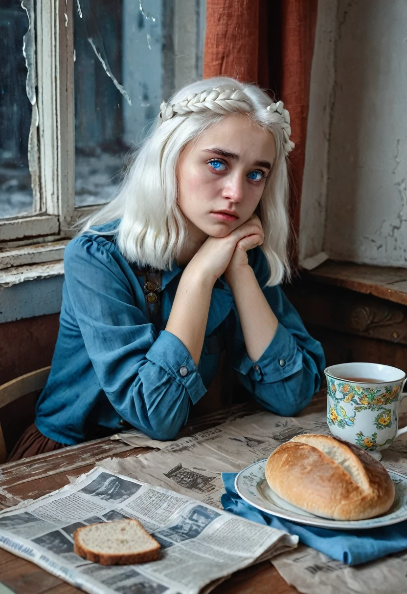 a girl with white hair sits at the table, tears in her big blue eyes, a glass with tea of cloudy colour is on the table, a small crust of bread is lying on the table, the window in the background is taped with newspaper tapes cross on cross, war, siege of Leningrad, hunger, siege bread, in the style of Dmitry Buchkin, Anastasia Frolova, Frolova-Bagreeva.