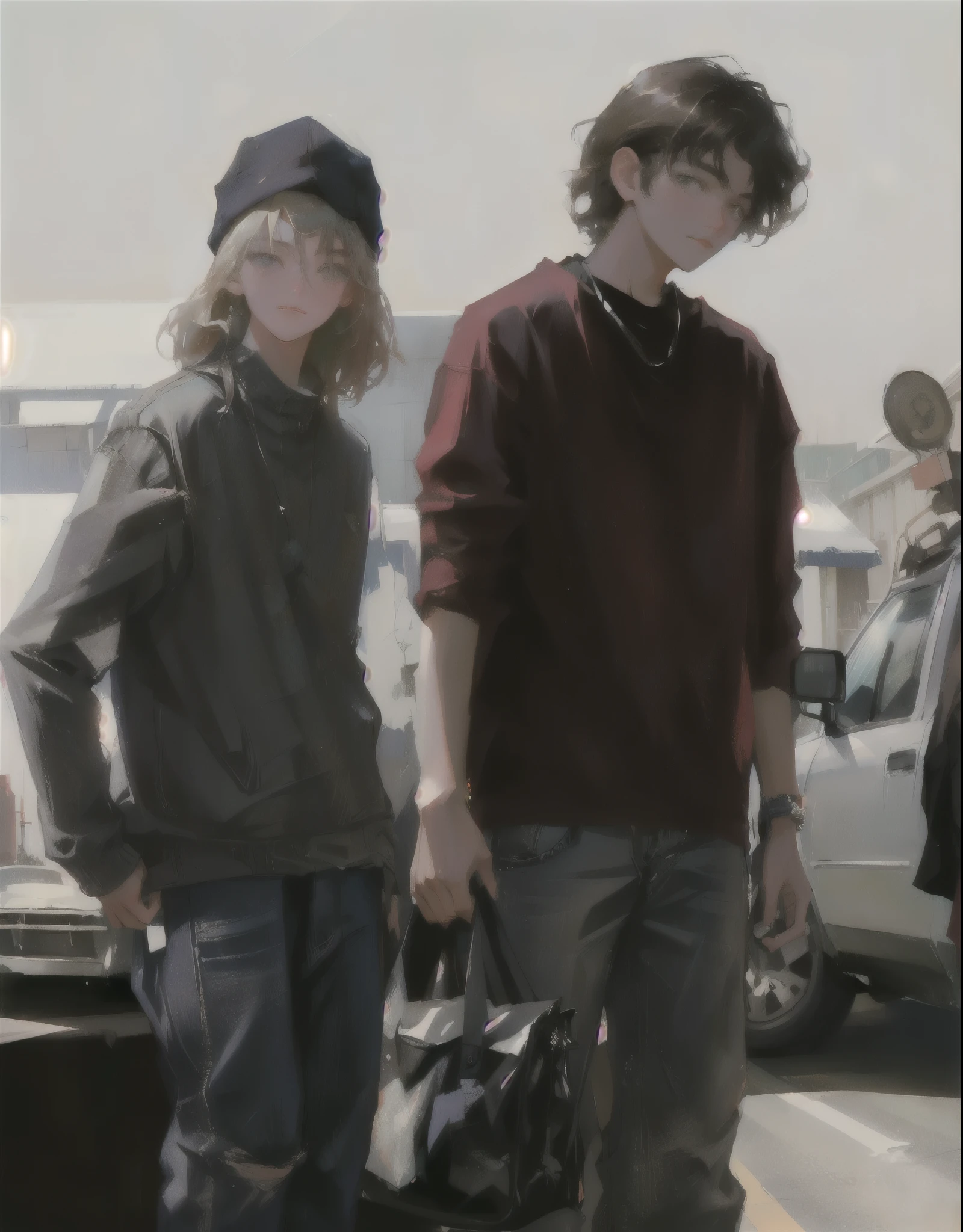 two agers standing next to each other, mid 90s, igla movie shot, road trip, movie scene, cinestill!!