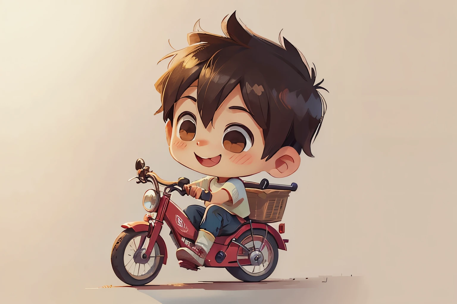 A BOY, riding a tricycle smiling, cute , chibi