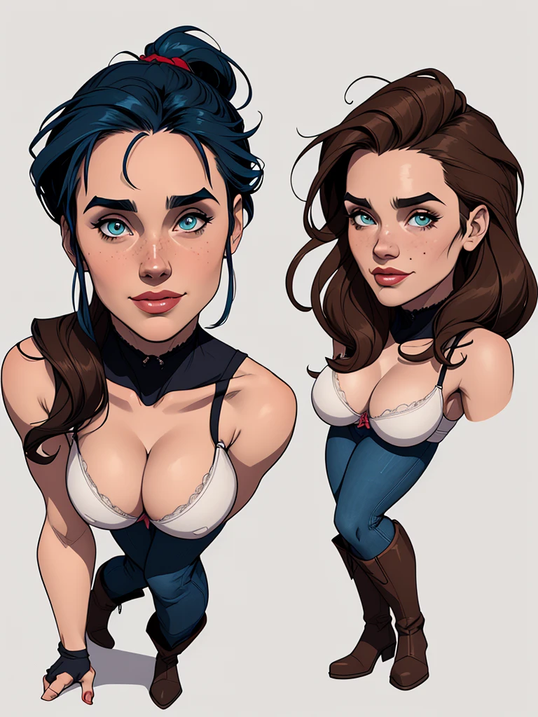 GTA character style illustration and completely bare breasts showing a little fear Breast size Cartoon name: Isabella Cruz white background medium breasts freckled face Hermione Granger actress strong contours Physical description - long straight hair, dyed a vibrant brown that contrasts with her pale skin. - You reflect a mix of curiosity and determination. – She has a tall stature, with a slender and agile figure, highlighting his agility and dexterity. -fundo colorido Portrait Character Design, beautiful digital illustration, high-quality portrait, comic book art, Full body sensualizing or naked. return sheet. membro retornar folha roupas do dia dia infernal expressão amor vestindo roupas sadomasoquistas com camisa xadrez vermelha e blue jeans Pose do personagem cenário aleatório Estilo Yvonne Strahovski Estilo cartoon ilustração digital fundo colorido diverso mulher atraente sesy seios médios lindas roupas de bruxa em simétrico, female girlfriends pose beautiful breasts in Cartoon style beautiful and dynamic digital illustration snow white together with cinderella with body in symmetry a beast with corset and beautiful breasts, well-defined bodyWitch woman character Jennifer Connelly with war marks Cartoon image of a woman . GTA n style illustration, cartoon art style, cartoon art style, digital illustration style, highly detailed character design, courage detailed digital art, of the cemetery with dead zombies behind her trying to get her, Portrait Character Design, beautiful illustration Jennifer Connelly , , white bra, green vest, sleeveless, へそ, blue jeans, Brown boots, gloves fingerless, short gloves, slightly-smile, shorth hair, wavy hair, parted bangs, blue colored eyes, wart under the right eye, old american west, sunny desert background, waist belt, best quality, Obra de arte Jennifer Connelly