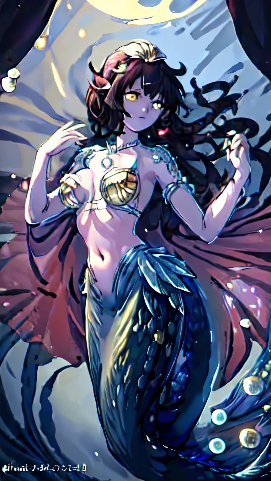 (illustration:1.8),(best quality),(masterpiece:1.5),masterpiece,extremely detailed CG unity 8k wallpaper),depth of field, mermaid, 1girl, solo, midriff, navel, armpits, bra, fins, gills, bracelet, armlet, necklace, pearls, choker, gold, jewelry, full body, houraisan_kaguya_touhou