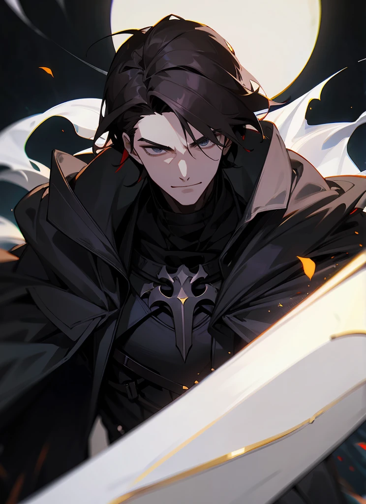 1 , handsome fashion hair,dark hair highlightwhite, fanstasy, smile face, male ,fantasy, reaper, hunter with blackshortsword, villian face, black armor , darkness wolrd, bad