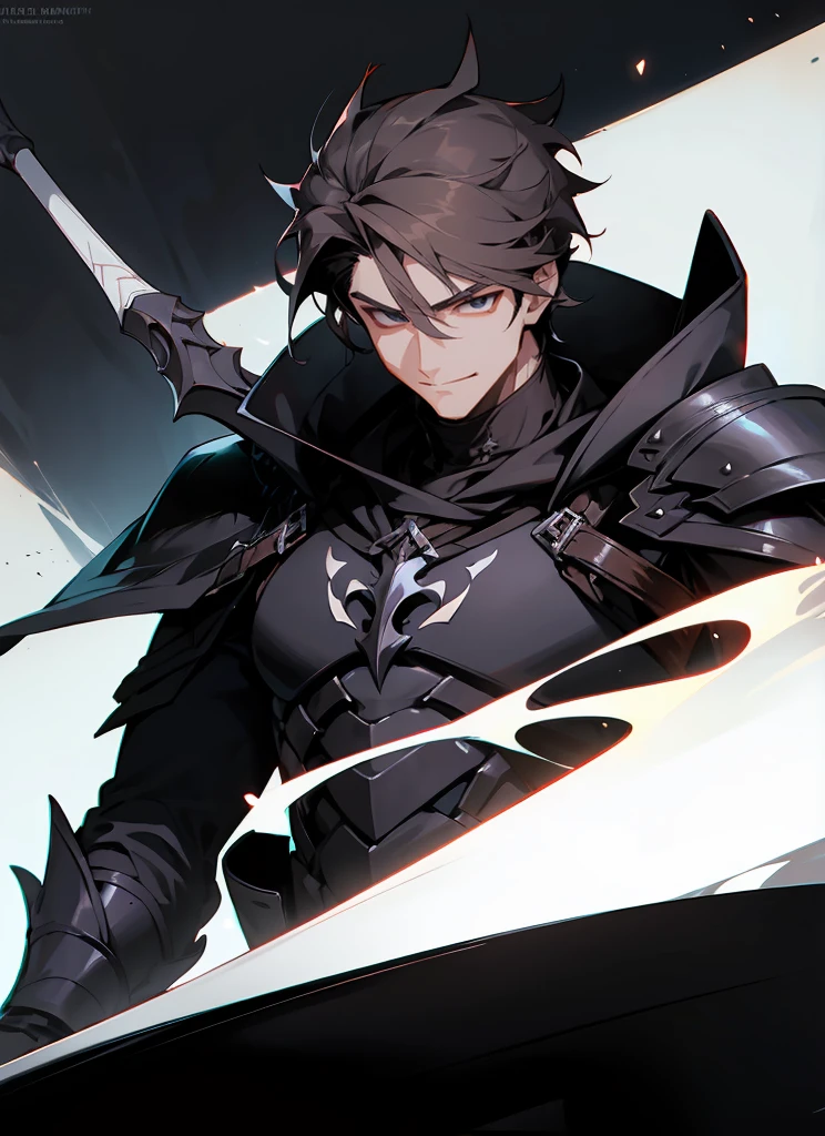 1 , handsome fashion hair,dark hair highlightwhite, fanstasy, smile face, male ,fantasy, reaper, hunter with blackshortsword, villian face, black armor , darkness wolrd, bad
