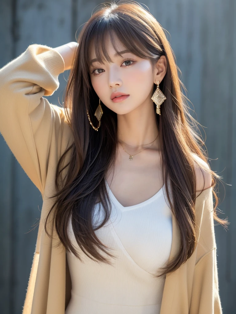  ((Highest quality, 8K, masterpiece:1.3)), concentrate: 1.2, Perfect body beauty: 1.4, Hips: 1.2, ((Long Hair, chest: 1.2)), (Dry clothes: 1.1) , (clear, Simple Background:1.3), Simple clothes: 1.1, Highly detailed face and skin texture,Delicate eyes, double eyelid, Whitened skin, Rough skin、Long Hair、Earrings with bangs、necklace、 solo、Beige coat、White shirt,  (((Beautiful girl with cute Japan)))、  ((Beautiful Japanese girl 20 years old))、 ((Baby Face))、 (((Slender body)))、  Upper Body，Face focus、necklace，Simple Background，From above， Realistic Hair、 A photograph was taken:Canon EOS R6、135mm、1/1250 seconds、f2.8、ISO400、(Detailed explanation of the hand)、(Masseter muscle area)、(Exquisite CG)、Long Hair, loose and curly hair、Korean Hair、Long Hair明るいベージュ色、グラデーションハイライトグレージュのゆるふわLong Hairスタイル、