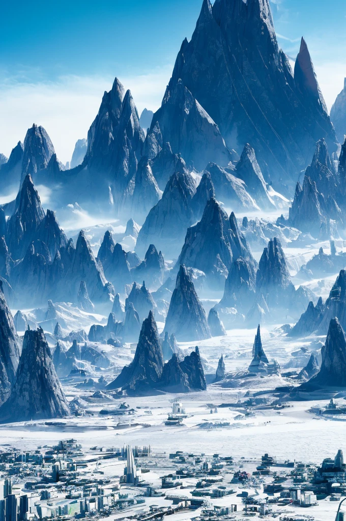 a vast futuristic city with towering skyscrapers and a massive glacier mountain in the background, cyberpunk sci-fi landscape, ultra-detailed 8k, best quality, imaginative, romantic, perfect, utopian dreamworld