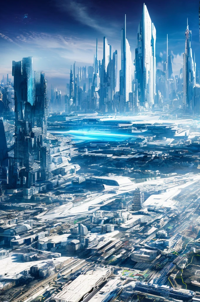 a vast futuristic city with towering skyscrapers and a massive glacier mountain in the background, cyberpunk sci-fi landscape, ultra-detailed 8k, best quality, imaginative, romantic, perfect, utopian dreamworld