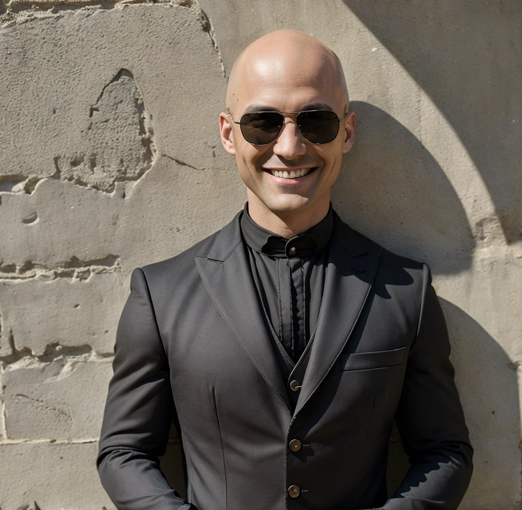 ((8k ((best quality)), ((masterpiece)), (very detailed), real face bald male muscular male upper body wear full gothic suit sunglasses stand by wall smiling