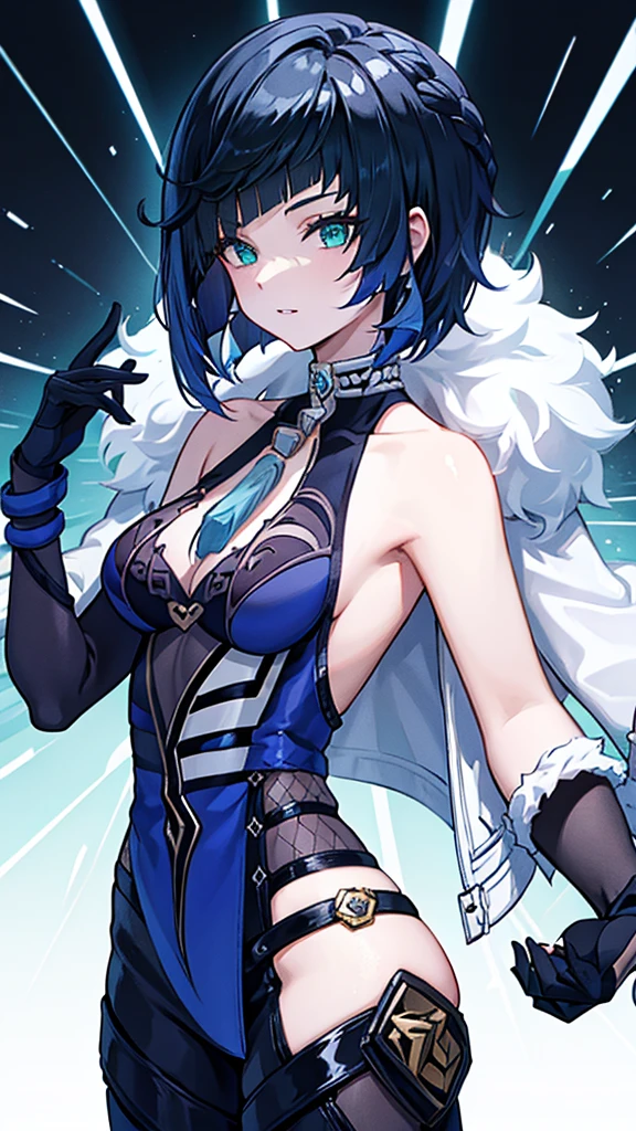 masterpiece, best quality, highres, Yelan Yelan, short hair, bob cut, braid, green eyes, earrings, neck tassel, jacket on shoulders, fur-trimmed jacket, white jacket, cleavage, blue dress, sleeveless, bracelet, asymmetrical gloves, fingerless gloves, elbow gloves, pelvic curtain, sitting, crossed legs, outdoors,