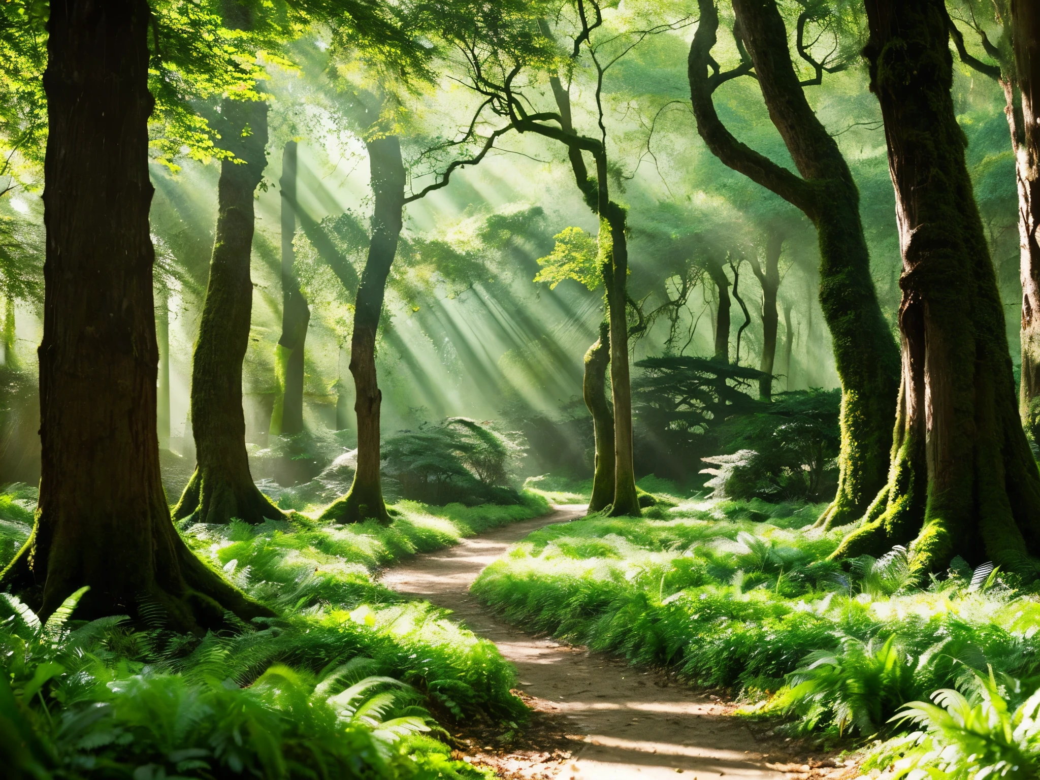 Lush and vibrant forests burst with a myriad of textures: rich moss-covered floors, weathered tree trunks, and verdant foliage dancing in the breeze. This breathtaking image transports viewers to an enchanting woodland setting, captured in a stunning painting. The intricate details of the forest come to life in this high-quality image, evoking a sense of wonder and awe.