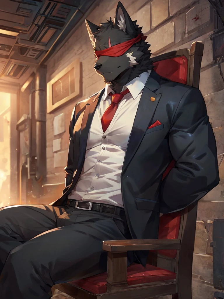 embedding:black wolf, male,Scar on the face, scar on the body,Single person,black fur,Suit,His clothes were disheveled.The fur on the chest and abdomen is white.Blindfolded,Tied to a chair,Tie hands behind back.Breathe,Sultry,A dark basement,Idea frame,Maturity,The highest quality of scene detail,adult,Tall and powerful,muscle,Best quality hands, best quality eye,detailed fur,Delicate eyes.Extreme picture quality,by sollyz,by zixiong,by milkytiger1145
