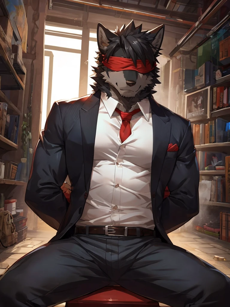 embedding:black wolf, male,Scar on the face, scar on the body,Single person，Suit,His clothes were disheveled.The fur on the chest and abdomen is white.Blindfolded,Tied to a chair,Tie hands behind back.Breathe,Sultry,A dark basement,No lights, no sunlight.darkness，Blush and worry，Clenched his teeth,Maturity,The highest quality of scene detail,adult,Tall and powerful,muscle，Best quality hands, best quality eye，detailed fur，Delicate eyes.Extreme picture quality，by sollyz,by zixiong,by milkytiger1145